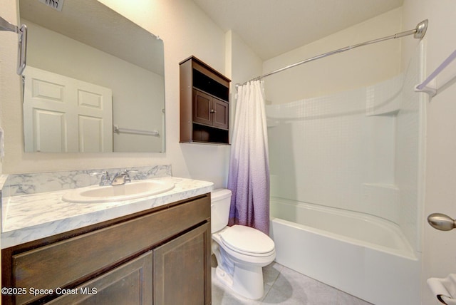 full bathroom featuring vanity, tile patterned floors, shower / bath combination with curtain, and toilet