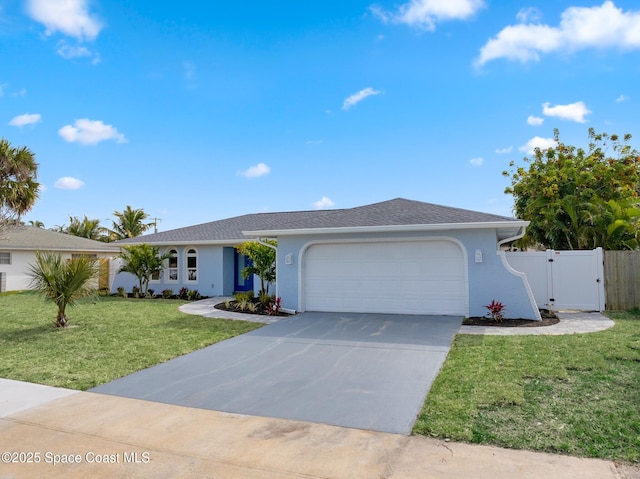 ranch-style house with a garage and a front yard