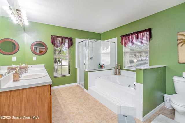 full bathroom featuring toilet, independent shower and bath, tile patterned flooring, and vanity