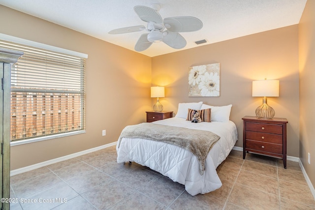 bedroom with ceiling fan and multiple windows