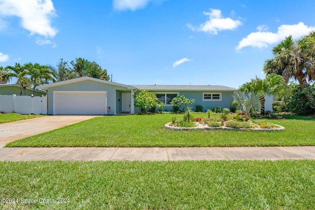 ranch-style home featuring a garage, driveway, a front yard, and stucco siding