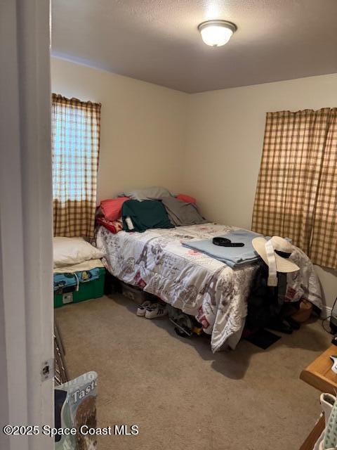 carpeted bedroom with a textured ceiling