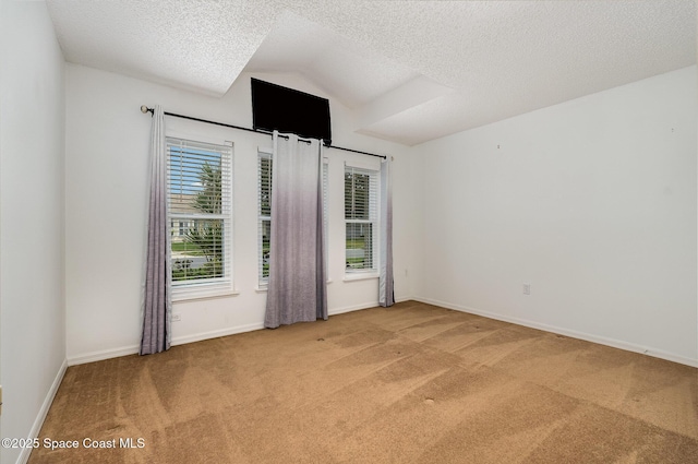 unfurnished room with vaulted ceiling, light carpet, and a textured ceiling