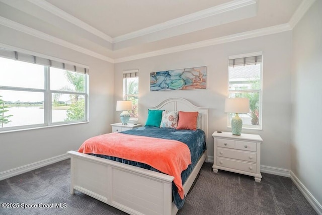 carpeted bedroom featuring a raised ceiling, ornamental molding, and multiple windows