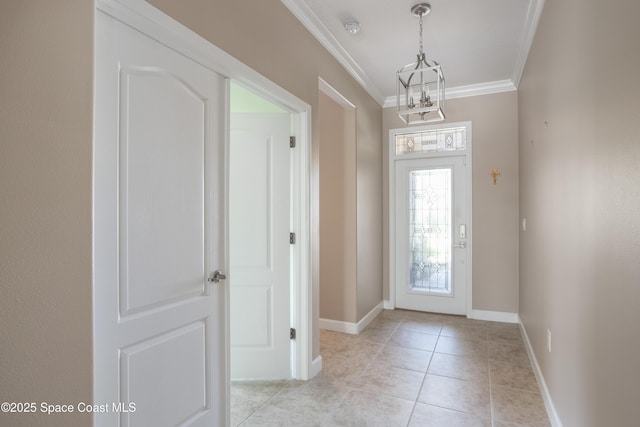 3489 Ahern Pl, Melbourne, FL 32940 - entryway featuring light tile patterned floors, a notable chandelier, baseboards, and ornamental molding