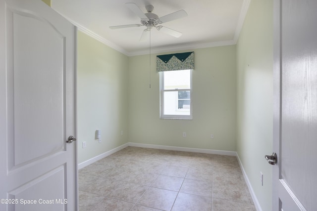 3489 Ahern Pl, Melbourne, FL 32940 - spare room featuring crown molding, baseboards, ceiling fan, and light tile patterned flooring