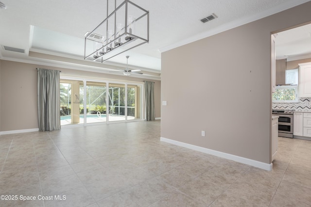 3489 Ahern Pl, Melbourne, FL 32940 - empty room with visible vents, baseboards, ornamental molding, and ceiling fan