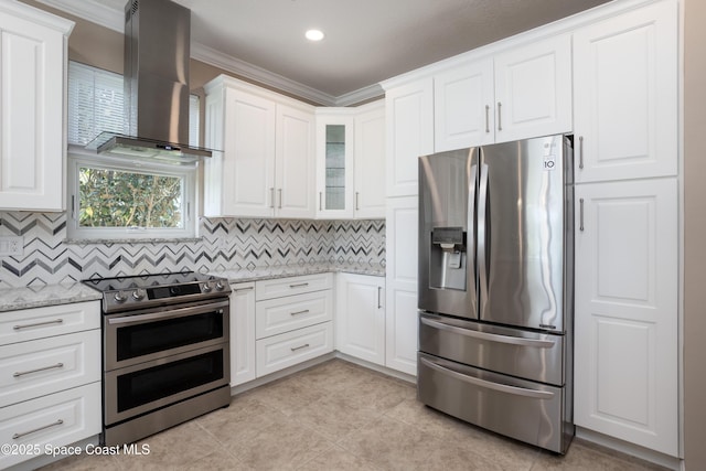 3489 Ahern Pl, Melbourne, FL 32940 - kitchen with wall chimney range hood, white cabinetry, stainless steel appliances, decorative backsplash, and light stone counters