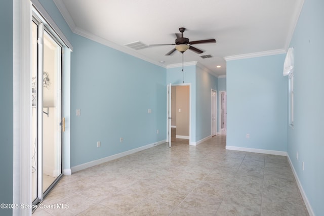 3489 Ahern Pl, Melbourne, FL 32940 - spare room with baseboards, ornamental molding, recessed lighting, visible vents, and ceiling fan