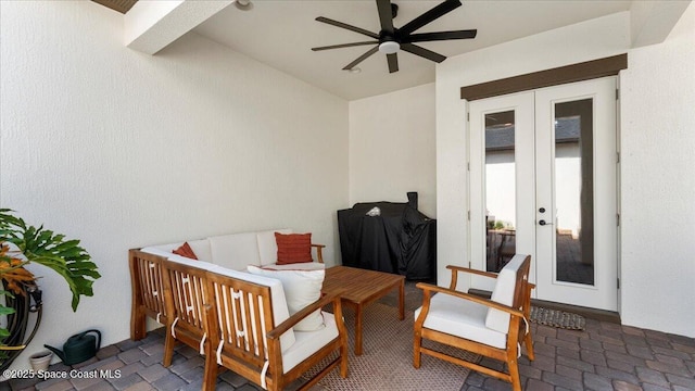 view of patio / terrace with ceiling fan, french doors, and outdoor lounge area