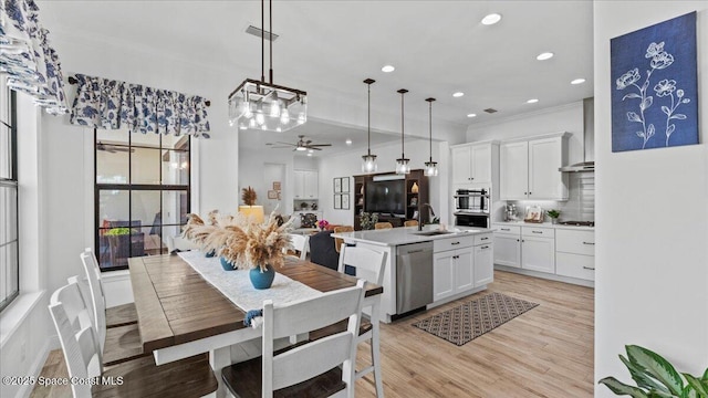 kitchen with decorative light fixtures, tasteful backsplash, dishwasher, an island with sink, and white cabinets