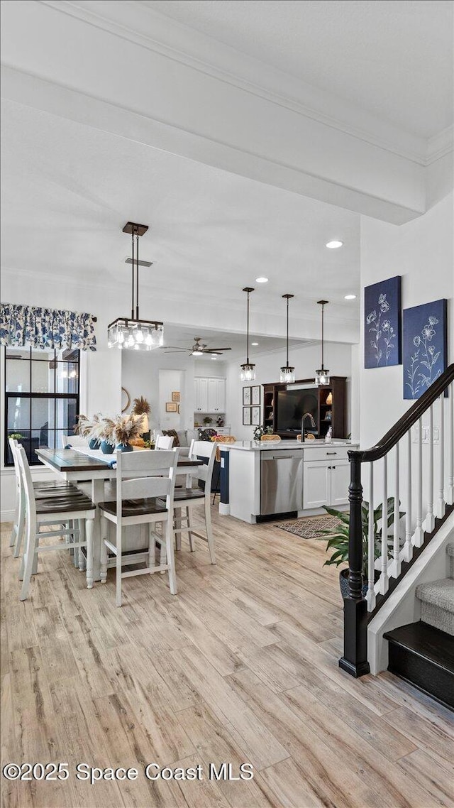 dining room featuring ceiling fan, ornamental molding, sink, and light wood-type flooring