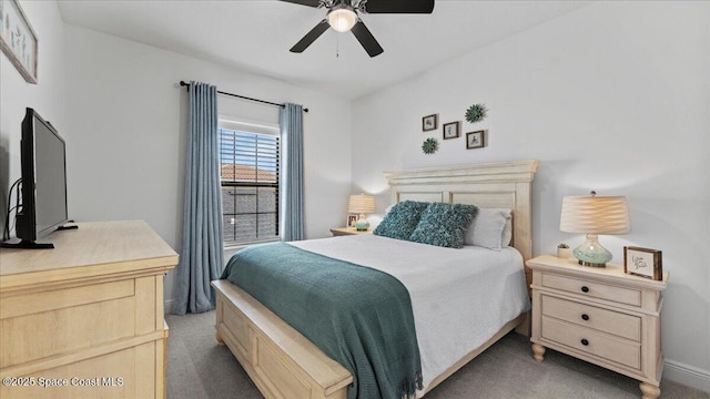 bedroom featuring carpet, ceiling fan, and baseboards