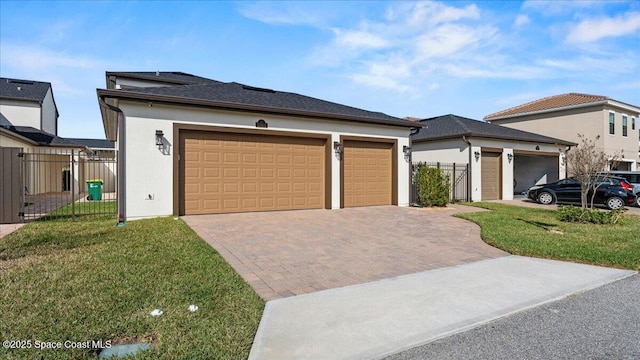 view of front of property with a front lawn, decorative driveway, fence, and stucco siding