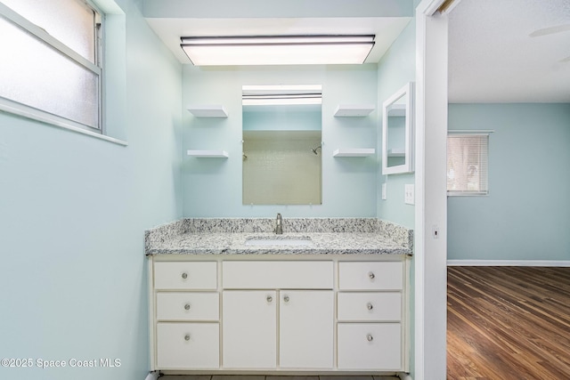 bathroom with vanity, hardwood / wood-style floors, and a wealth of natural light