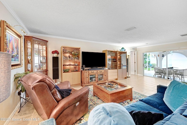 tiled living room with ornamental molding and a textured ceiling