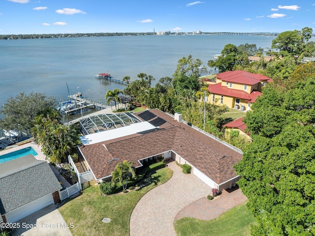 bird's eye view with a water view