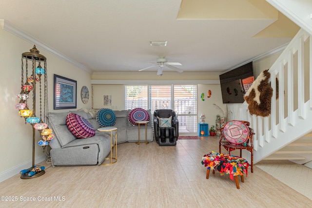 game room with crown molding, hardwood / wood-style floors, and ceiling fan