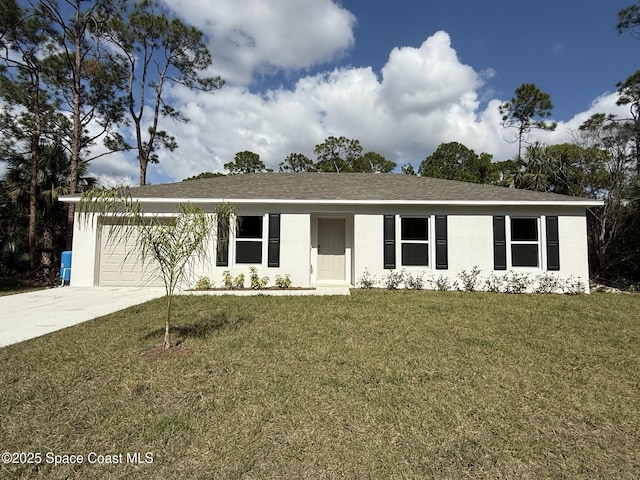 ranch-style house with a garage and a front lawn