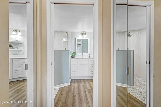 bathroom with vanity, wood-type flooring, and a shower with door