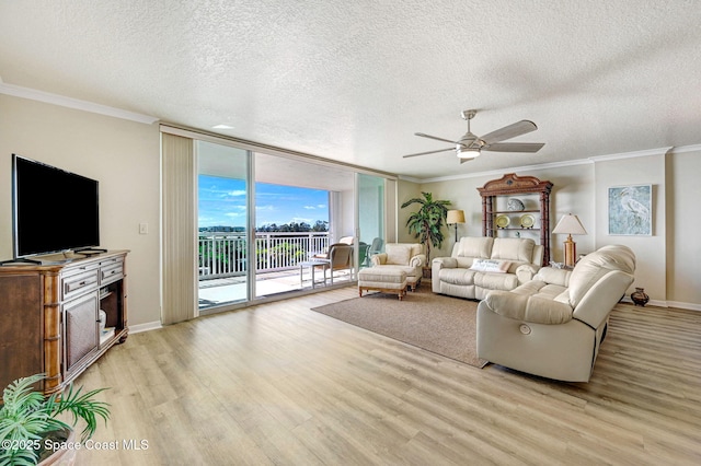 living room featuring crown molding, light hardwood / wood-style flooring, and floor to ceiling windows