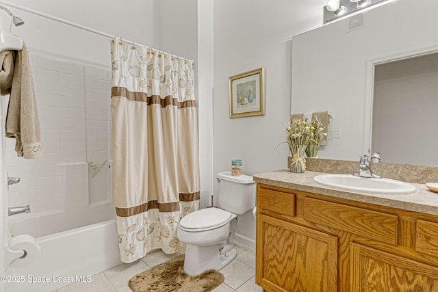 full bathroom with toilet, vanity, shower / bathtub combination with curtain, and tile patterned flooring