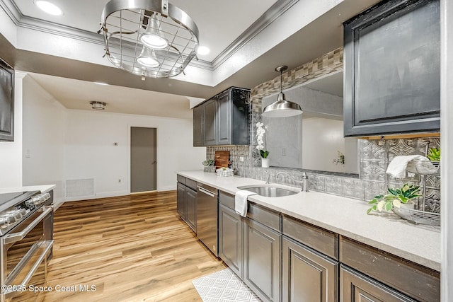 kitchen featuring pendant lighting, appliances with stainless steel finishes, sink, and decorative backsplash