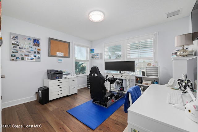 home office featuring dark wood-type flooring