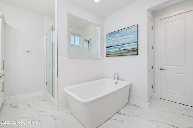 bathroom featuring shower with separate bathtub and a textured ceiling