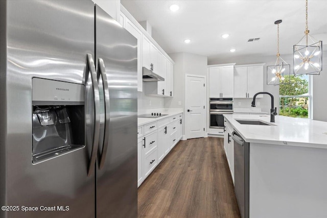 kitchen with pendant lighting, appliances with stainless steel finishes, white cabinetry, dark hardwood / wood-style flooring, and sink