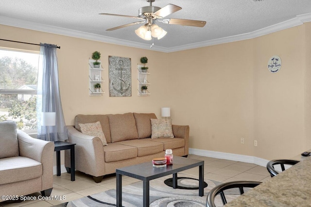 living room with crown molding, light tile patterned floors, and a textured ceiling