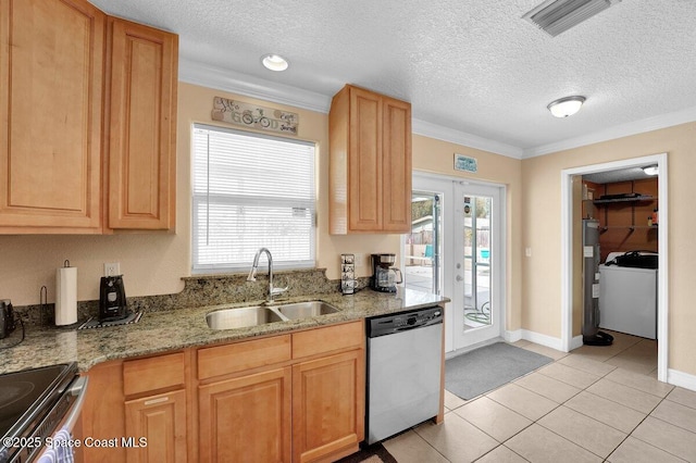 kitchen featuring sink, appliances with stainless steel finishes, electric water heater, light stone counters, and ornamental molding