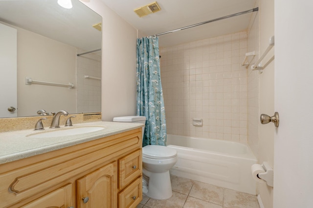 full bathroom with shower / tub combo with curtain, toilet, tile patterned flooring, and vanity