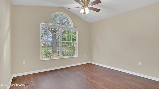 spare room with hardwood / wood-style flooring, ceiling fan, and lofted ceiling