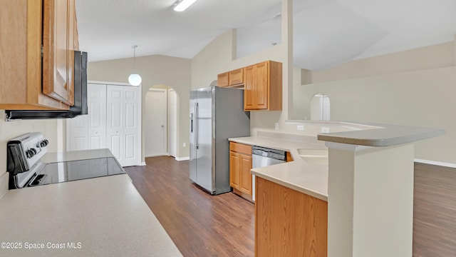 kitchen with pendant lighting, appliances with stainless steel finishes, dark hardwood / wood-style floors, kitchen peninsula, and vaulted ceiling