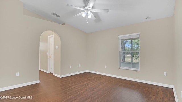 unfurnished room with dark hardwood / wood-style floors and ceiling fan