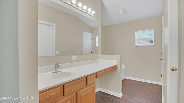 bathroom with hardwood / wood-style flooring and vanity