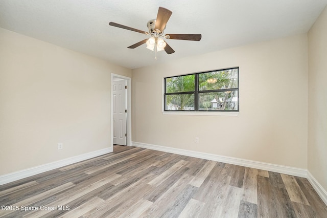 unfurnished room with ceiling fan and light hardwood / wood-style flooring