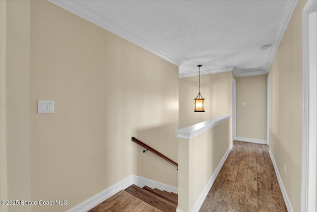 hall featuring ornamental molding, wood-type flooring, and a textured ceiling