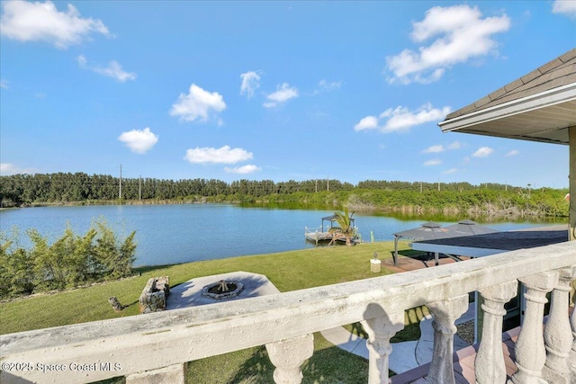 property view of water with a dock