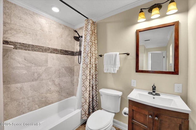 full bathroom featuring ornamental molding, shower / tub combo, vanity, and toilet