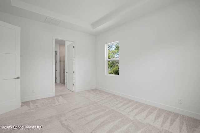 empty room with light carpet and a tray ceiling