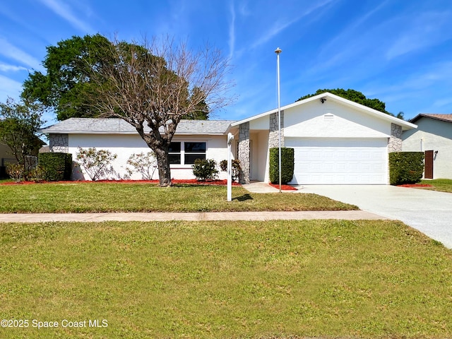 ranch-style house featuring stucco siding, a front lawn, concrete driveway, and an attached garage