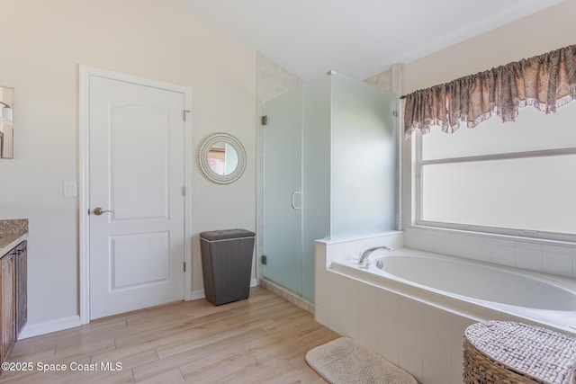 bathroom with wood-type flooring, plus walk in shower, and vanity