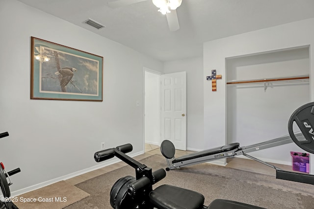 exercise area featuring ceiling fan