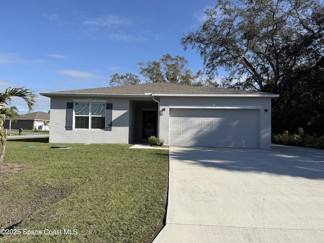 ranch-style house with a garage and a front lawn