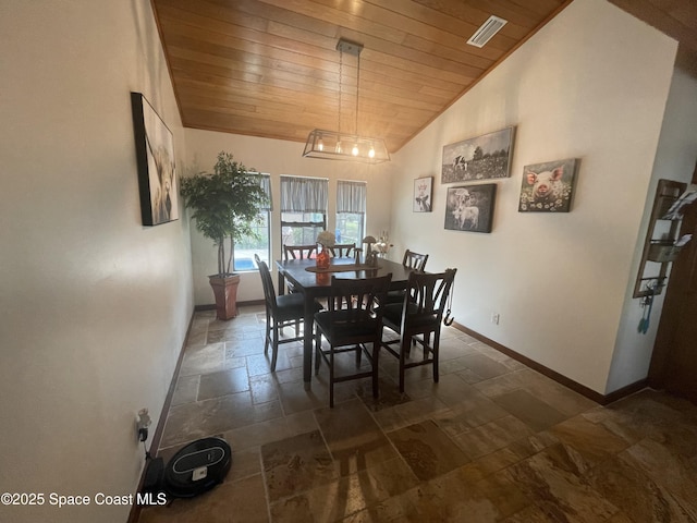 dining area featuring stone tile floors, lofted ceiling, visible vents, wooden ceiling, and baseboards