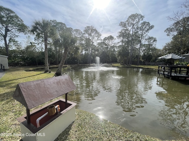 dock area featuring a water view and a lawn