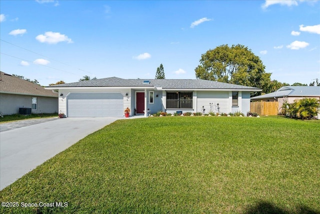 single story home with a garage, central AC unit, and a front lawn