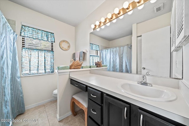 bathroom featuring vanity, toilet, and tile patterned flooring